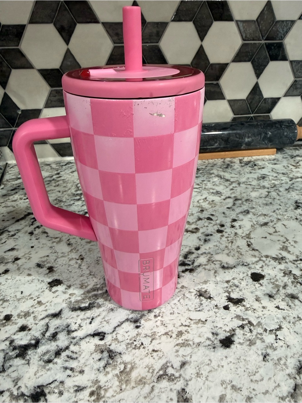 Brumate Pink Checkered Travel Mug with Straw - Insulated Handle Tumbler